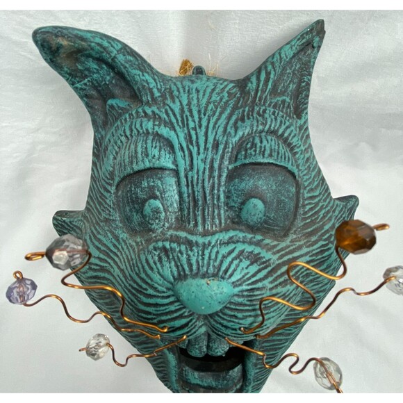 Whimsical Cat Face Hanging Bird Feeder House Blue Ceramic 11"x7" Yard Decor - Picture 3 of 11